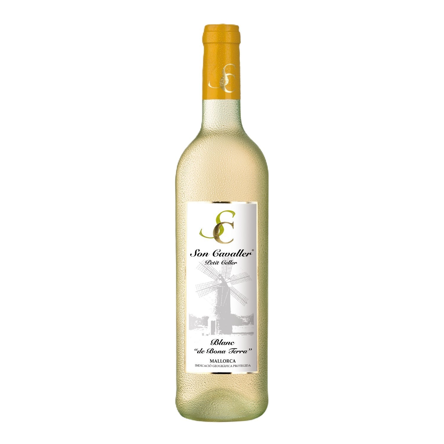 Schönes Etiketts einer Weinflasche, auf der 'Son Cavaller' in schwarzer Schrift gedruckt ist, im Hintergrund ist eine typische mallorquinische Windmühle zu erkennen. 
