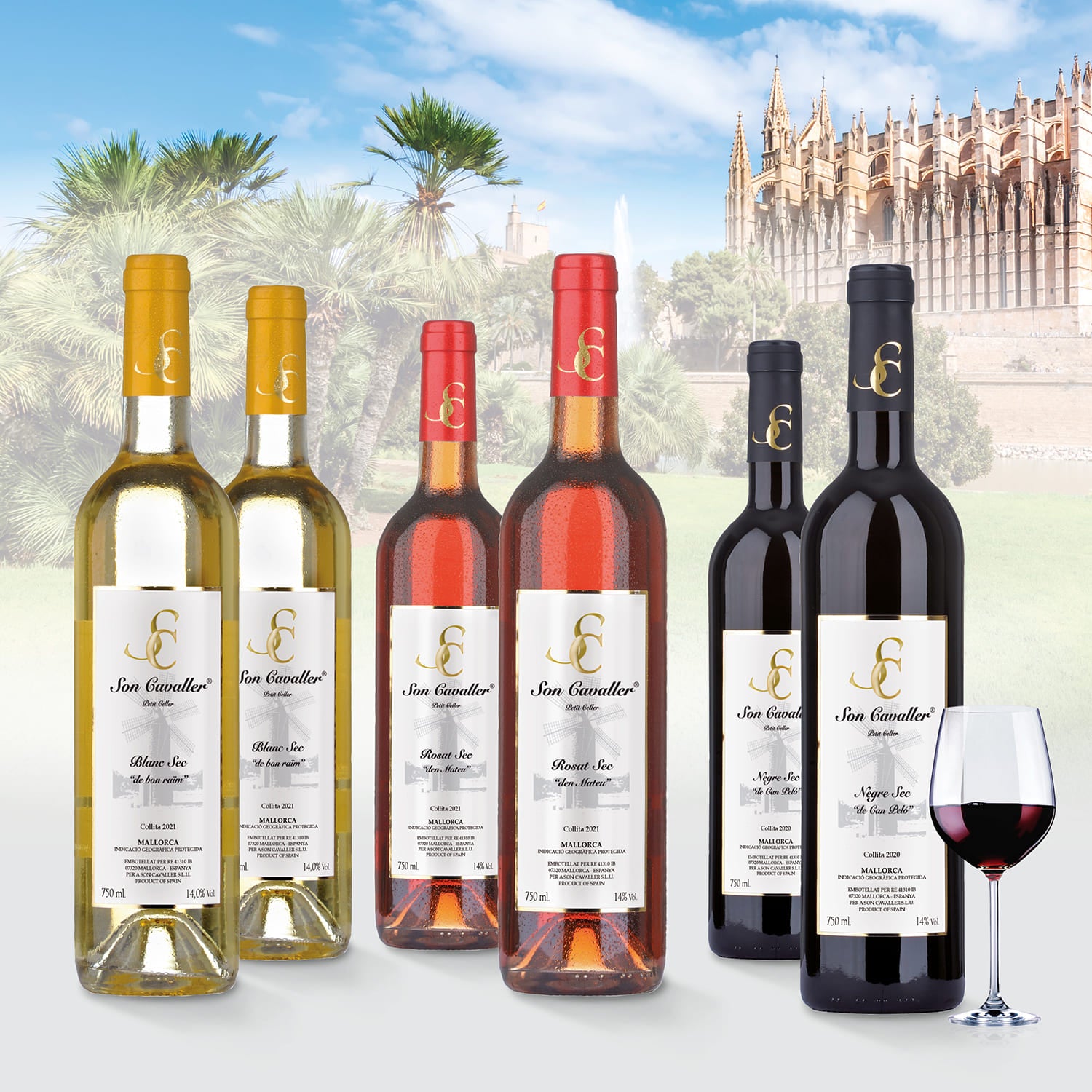 Schöne Etiketten von Weinflaschen, auf der 'Son Cavaller' in schwarzer Schrift gedruckt ist, im Hintergrund ist die schöne Kathedrale in Palma-Mallorca zu erkennen. 